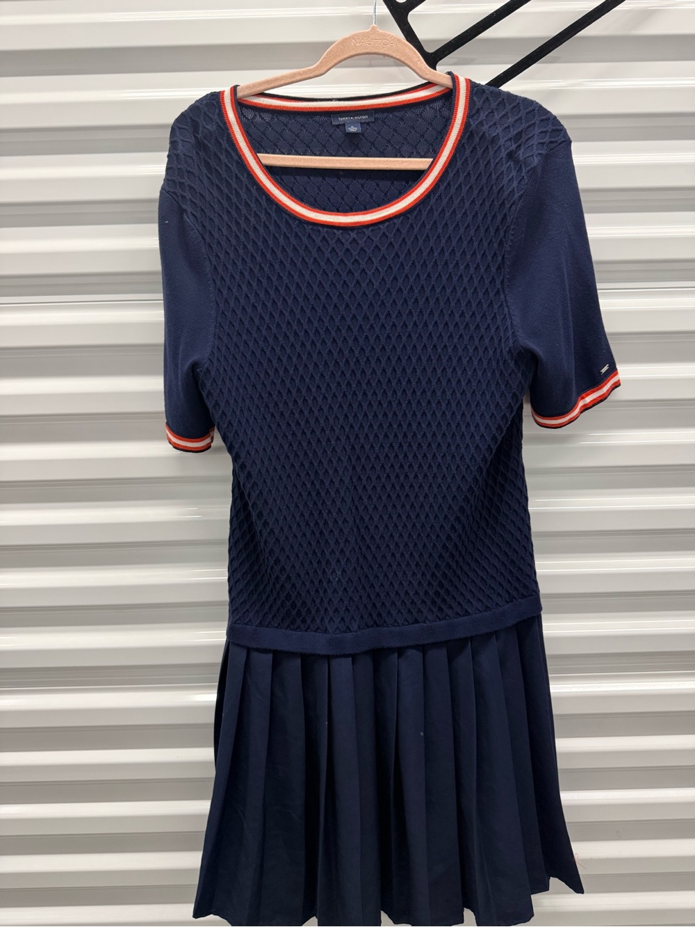 Tommy Hilfiger Navy Knit Dress with Red-Trim Collar